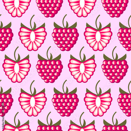 Seamless fruits vector pattern, bright color background with raspberries, whole and half, over pink backdrop