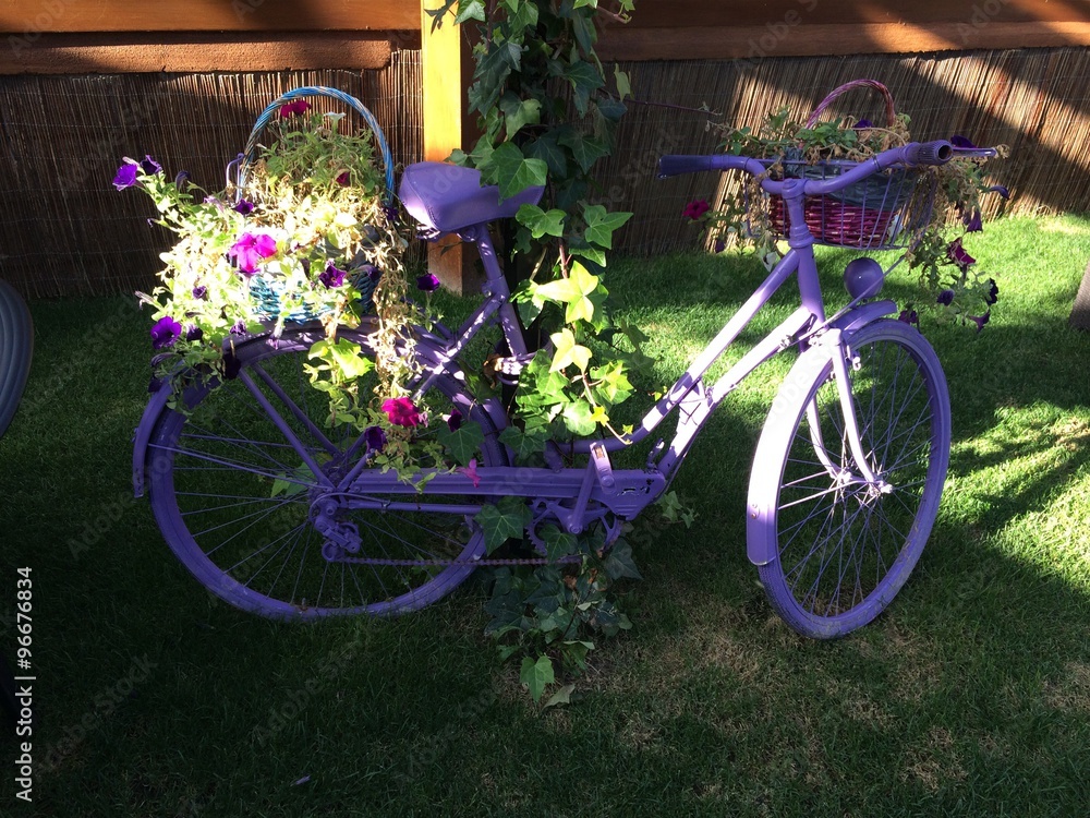 bicicleta vieja restaurada como macetero en el jardin 