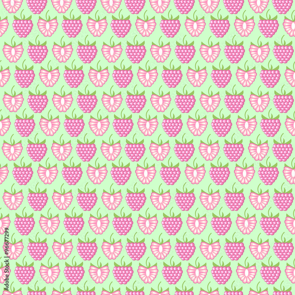 Fototapeta premium Seamless fruits vector pattern, pastel symmetrical background with raspberries, whole and half, over light backdrop