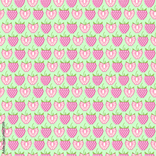 Seamless fruits vector pattern, pastel symmetrical background with raspberries, whole and half, over light backdrop