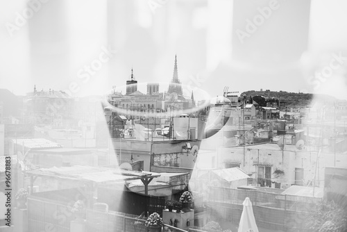 Double exposure with Barcelona and cup of coffee