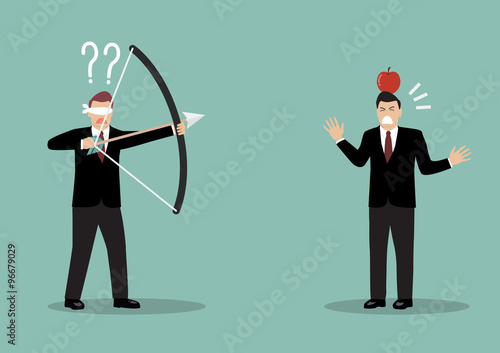 Blindfold businessman aiming to shoot at apple on another man's