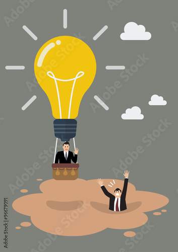 Businessman in lightbulb balloon get away from quicksand