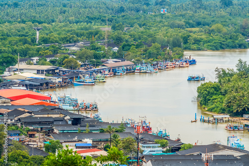 Scenery of Paknam Chumphon and Tha Taphao river from the high view. It is the seashore tourist attraction in Chumphon province, Southern Thailand. photo