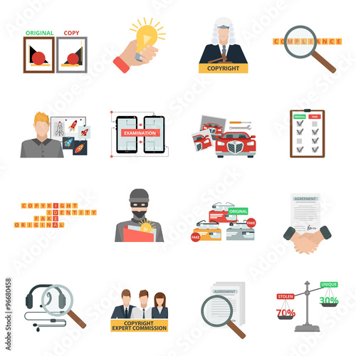 Compliance copyright law flat icons set