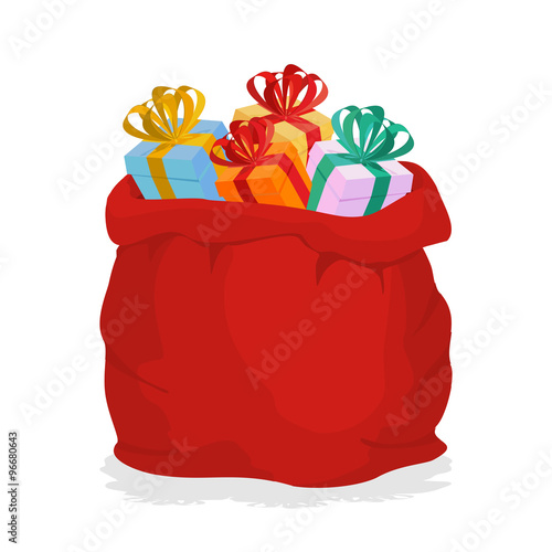 Red Sack Santa Claus with gifts. Holiday outdoor gift bag with b