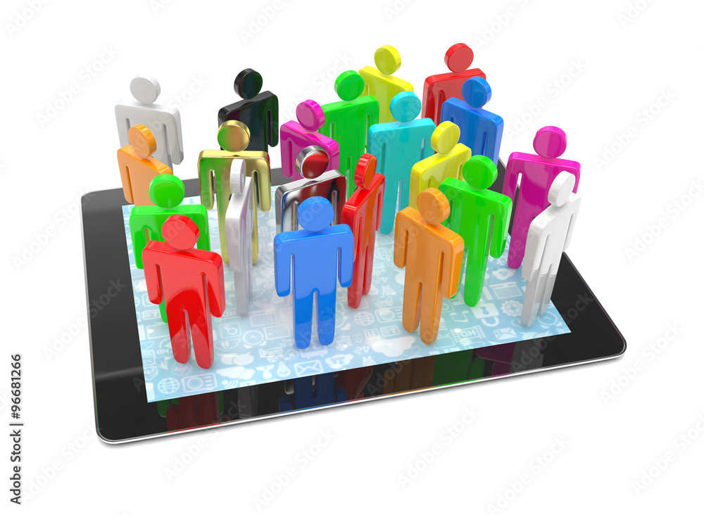 group of people figures on tablet PC, 3d render group of people figures on tablet PC, 3d render