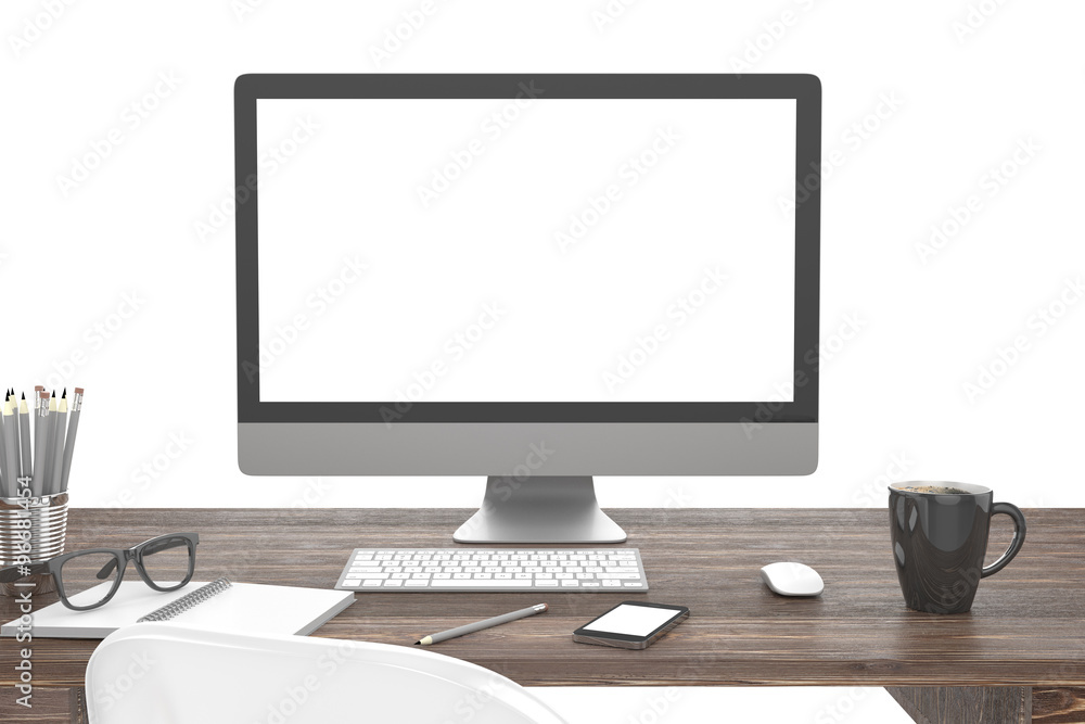 3D illustration PC screen on table in office, Workspace 3D illustration PC screen on table in office, Workspace