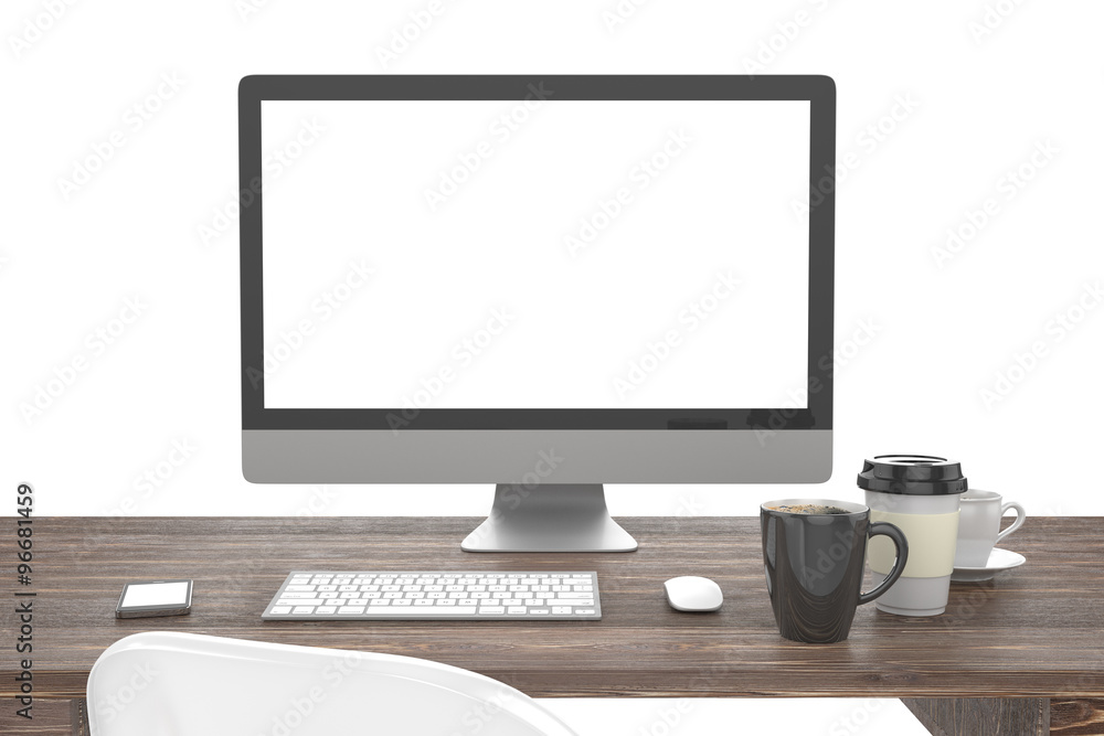 Fototapeta premium 3D illustration PC screen on table in office, Workspace
