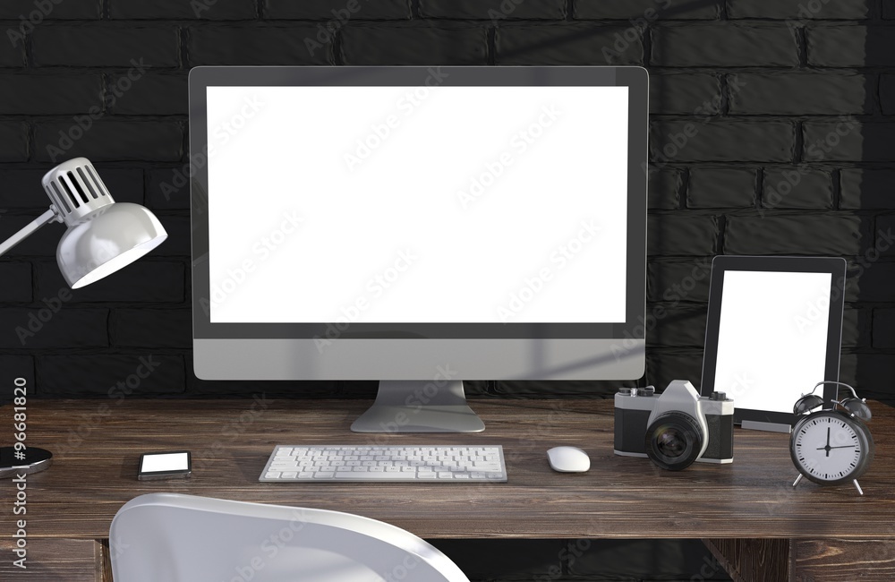 3D illustration PC screen on table in office, Workspace 3D illustration PC screen on table in office, Workspace