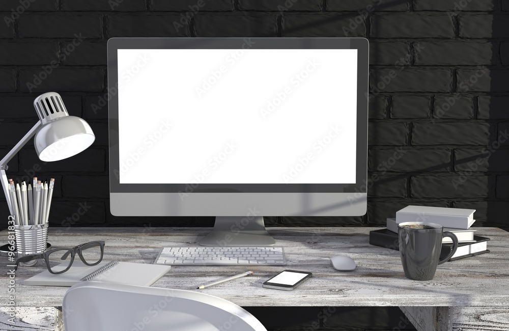 Fototapeta premium 3D illustration PC screen on table in office, Workspace