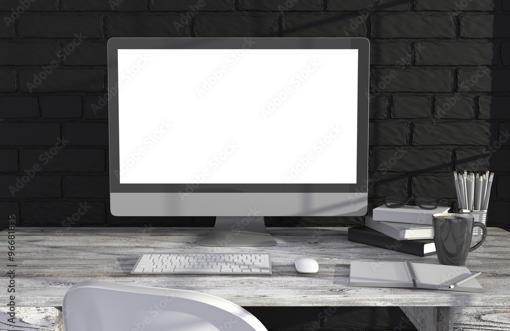 Fototapeta premium 3D illustration PC screen on table in office, Workspace