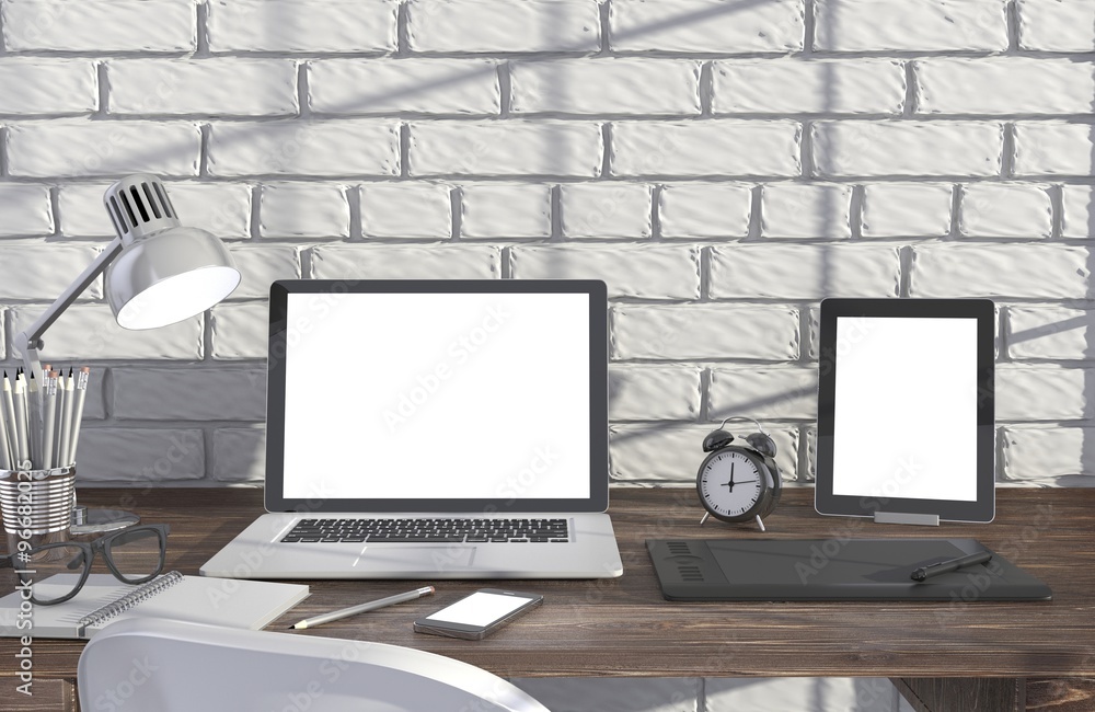 Fototapeta premium 3D illustration laptop and work stuff on table near brick wall, Workspace
