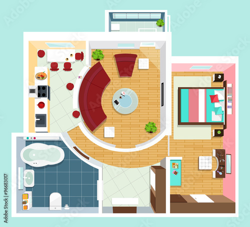 Modern detailed floor plan for apartment with furniture. Top view of apartment. Vector flat projection.