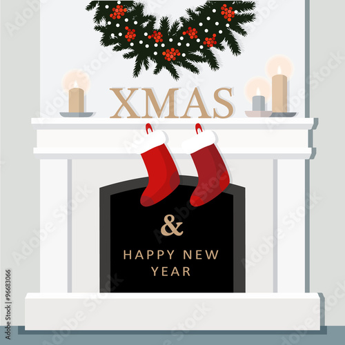 Christmas fireplace, festive decorated interior, home, flat design, vector