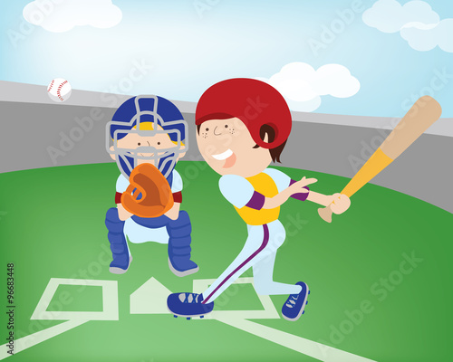 A batter hitting the ball. There is a catcher in the back.