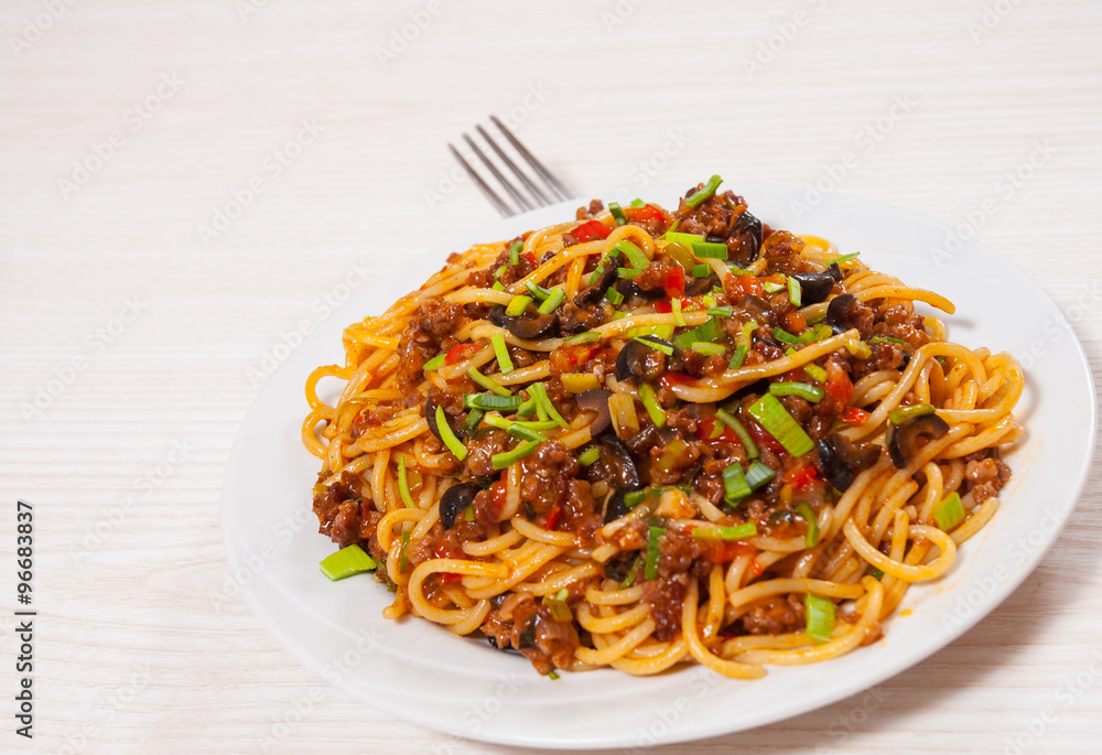 spaghetti with vegetables and minced meat spaghetti with vegetables and minced meat