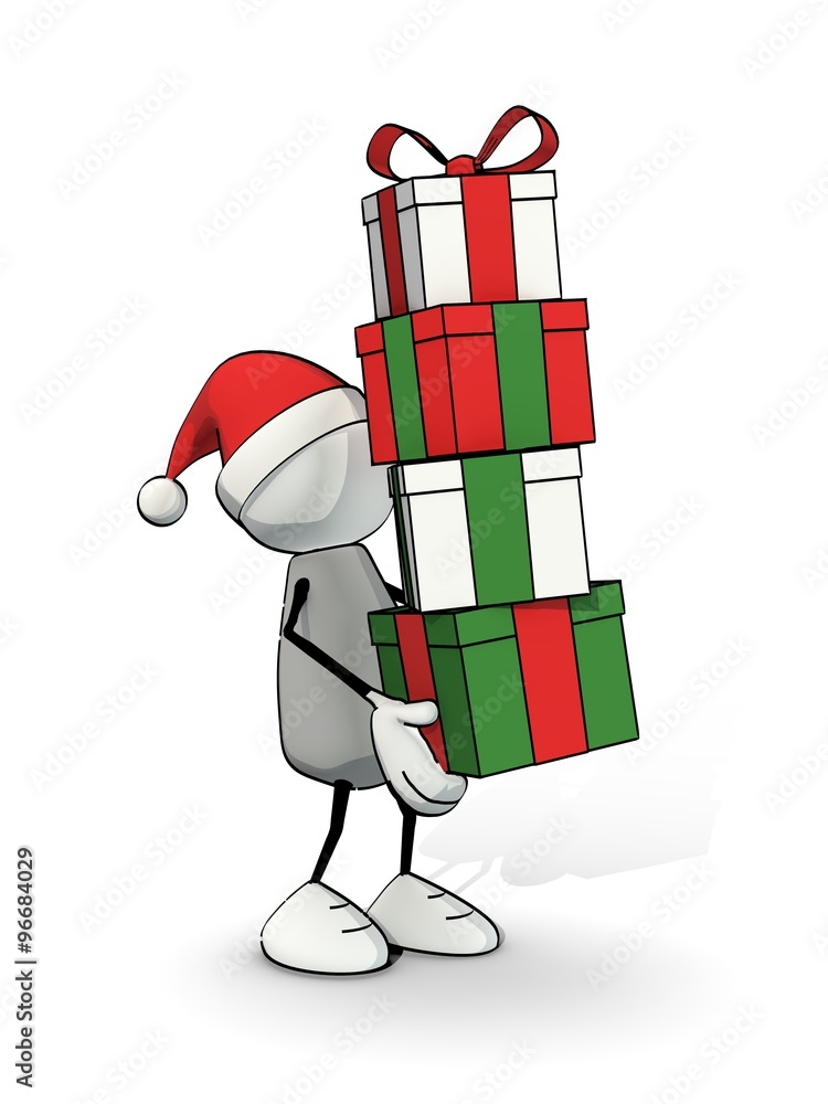 little sketchy man with santa hat carrying a pile of x-mas gift-boxes little sketchy man with santa hat carrying a pile of x-mas gift-boxes
