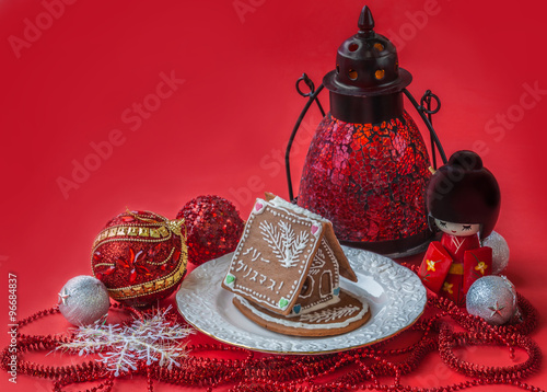 Ginger gingerbread house with a wish of happiness in Japanese ne photo