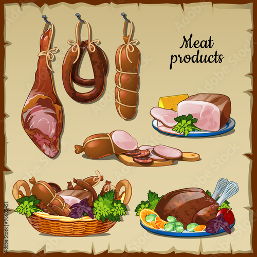 Delicious sausages, hams and and other meat products