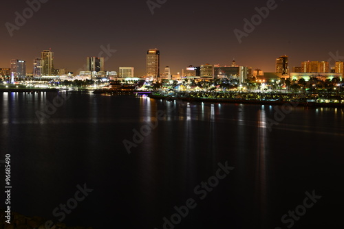 The night skyline of Long Beach, Los Angeles taken from the Queen Mary.