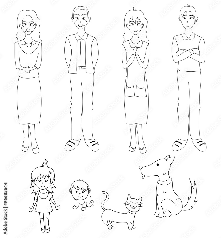 Three Generation Familys with Cat Dog Drawing Illustration Three Generation Familys with Cat Dog Drawing Illustration