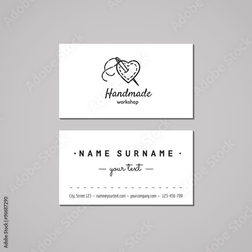 Handmade workshop business card design concept. Handmade workshop logo with heart and needle. Vintage, hipster and retro style. Black and white.