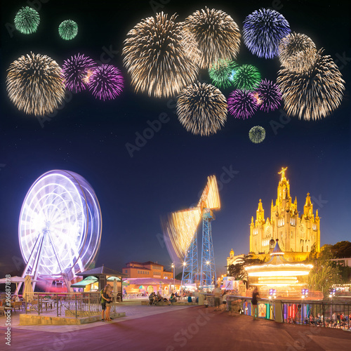 Beautiful fireworks under Amusement Park and Temple at Tibidabo