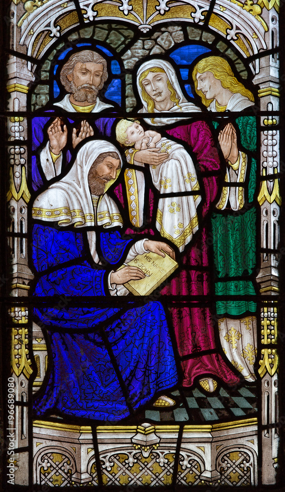 Jerusalem - birth of st. John the Baptist scene on windowpane in st. George a church