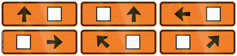A collection of New Zealand road signs - Detour directions with square symbol A collection of New Zealand road signs - Detour directions with square symbol