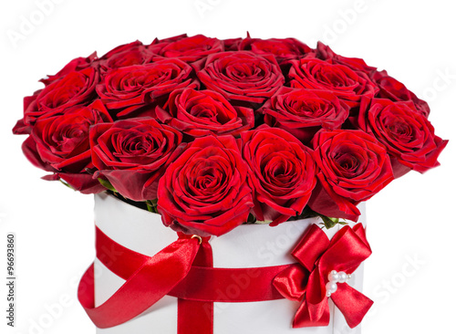 Fototapeta Naklejka Na Ścianę i Meble -  gift hatbox with colorful red roses on Valentine's day holiday,