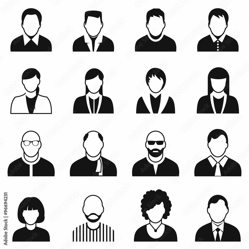 16 characters black icons set 16 characters black icons set