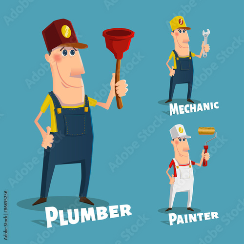 Hand drawn plumber,painter and mechanic characters photo