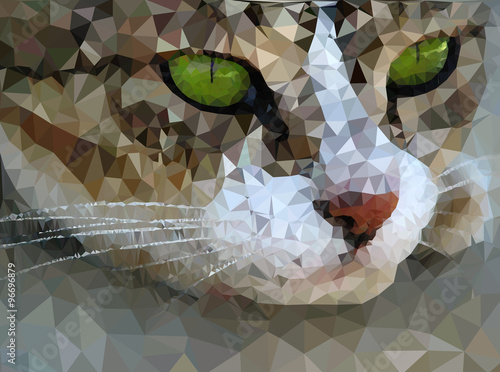 Low poly cat with green eyes, realistic triangular pattern