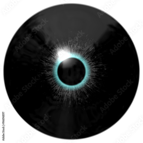 Black glassy wizard, alien, bird or reptile eye with blue circle around the narrow pupil