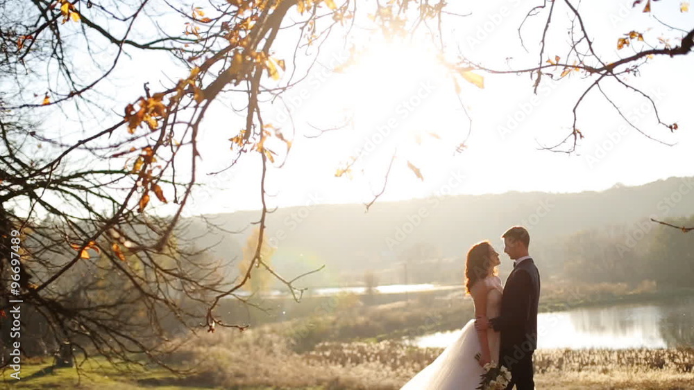 Lovely bride passionately kisses her young handsome groom in park with autumn bright yellow trees shot in slow motion close up Lovely bride passionately kisses her young handsome groom in park with autumn bright yellow trees shot in slow motion close up