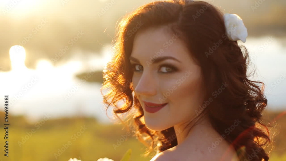 luxury stylish young bride on the background autumn sunny forest shot in slow motion close up luxury stylish young bride on the background autumn sunny forest shot in slow motion close up