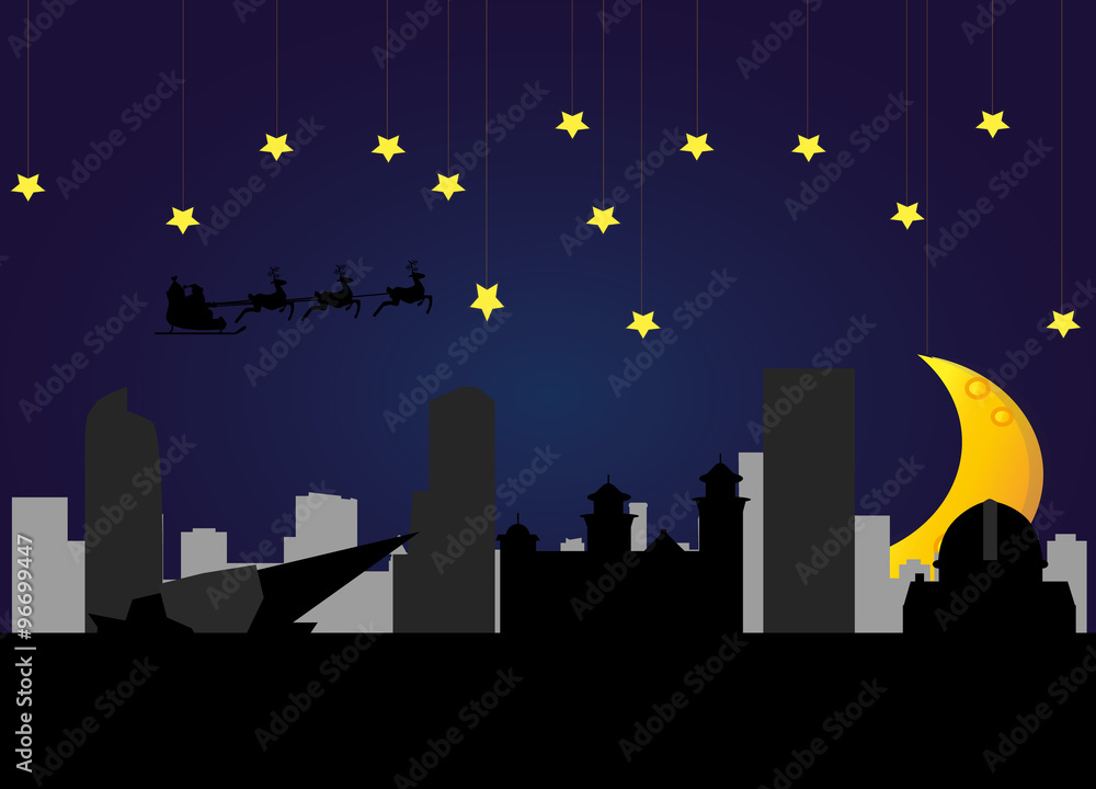 santa flying over the city of denver