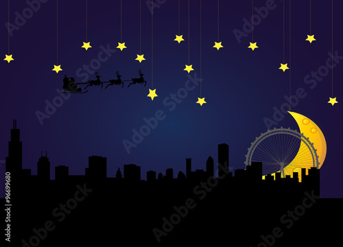 santa flying over the city of chicago