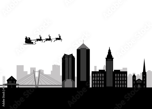 santa flying over the city of cleveland