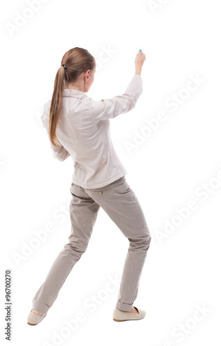 back view of standing girl pulling a rope from the top or cling