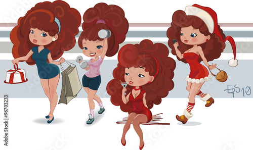 Cute brunette in different situation vector pack. Holding presents after shopping, in a session of physical exercise or training, drinking coctail in a bar and runs to the New Year party in Santa hat
