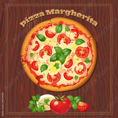 Yummy pizza margherita on the wood background with ingredients.te
