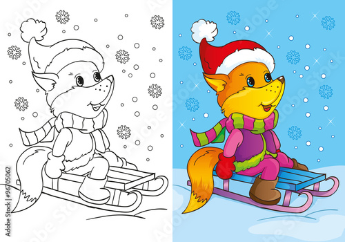 Coloring Book Of Cute Fox Sits On Sled