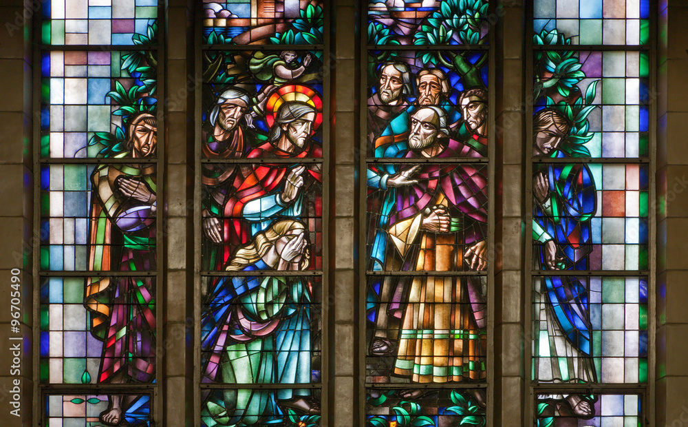 Brussels - Jesus rescues the sinful woman. Windowpane in National Basilica