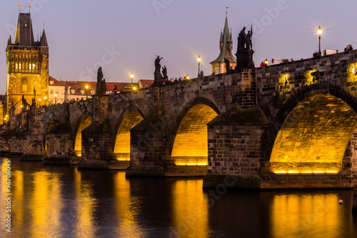 View at The Charles Bridge and Vltava river in Prague in dusk at sunset  Czech Republic