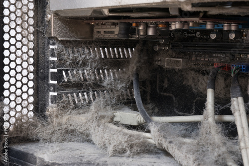 The main components of the outdated, dusty and non-working computer, supply and data cables. isolated