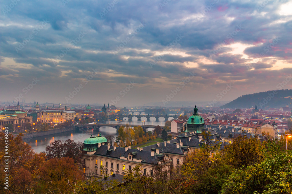 Prague at Twilight, view of Bridges on Vltava, Czech Republic