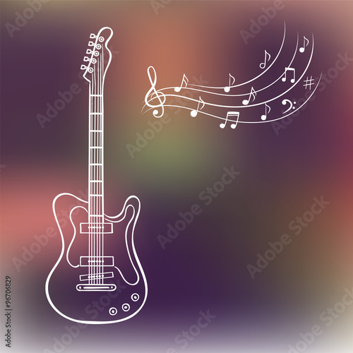 Electric guitar and music notes on blurred background, hand drawn vector. Music background.