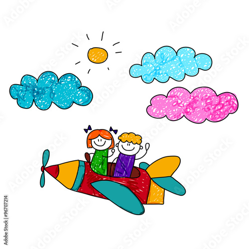 Happy boy and girl fly in pencil airplane